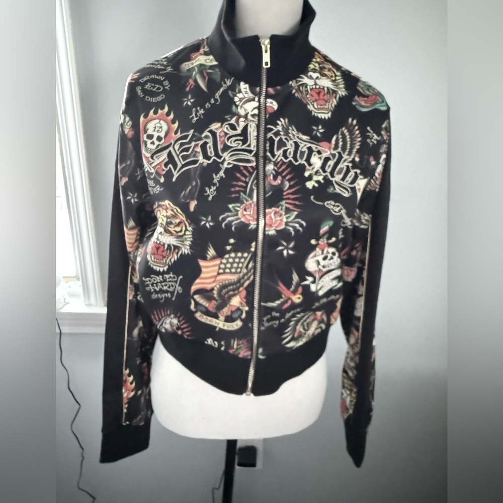 Ed Hardy Black Graphic Women's Jacket Size XL ( embroidered Lettering )